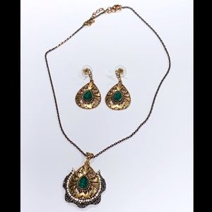 Gold-Toned Necklace & Earring Set with Green Stone